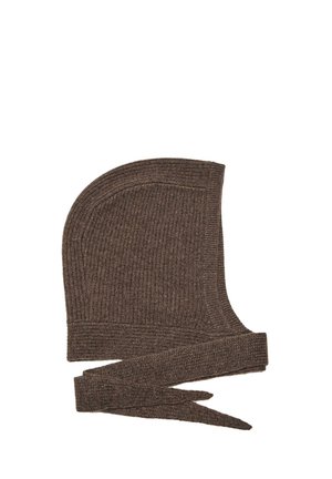 Brown ribbed knit balaclava with extended tied straps, designed to cover the head and neck for warmth.