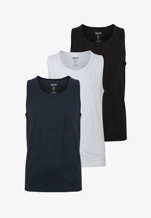 Trois débardeurs en coton de couleur bleu marine, blanc et noir. Chacun d'eux possède un col rond et un design sans manches, avec une texture lisse.