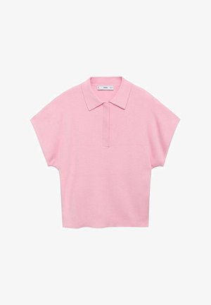 Polo shirt rose à manches courtes avec col, fabriqué en tissu doux, présentant une coupe décontractée et une patte de boutonnage discrète.