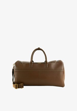 Braune Ledertasche mit zwei Griffen und einem verstellbaren Schulterriemen mit goldfarbener Schnalle und Reißverschluss.