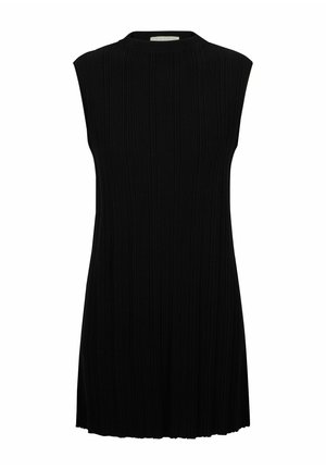 Mouwloze zwarte jurk van geribbelde gebreide stof met een hoge ronde halslijn en een licht uitlopende zoom.