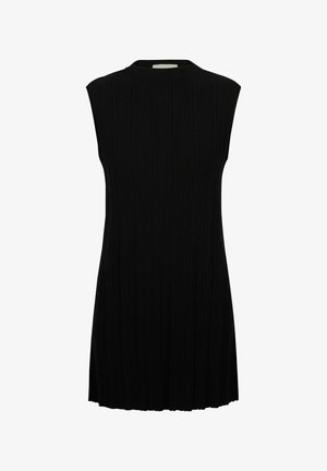 Robe noire sans manches en maille côtelée avec un col rond haut et un ourlet légèrement évasé.