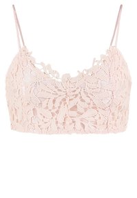 Spets-bustier i mjuk rosa med detaljerade blommönster, justerbara spaghetti-bäckar och en vågig halsringning med en genomskinlig textur.