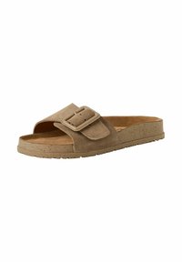 Sandały slip-on z surowego zamszu w kolorze tan, z otwartym palcem, charakteryzujące się dużą regulowaną klamrą oraz teksturowaną, wyściełaną wkładką na lekkiej podeszwie.