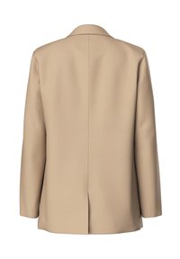 Blazer beige con un diseño estructurado, ventilación central simple y mangas largas. Tejido suave con una silueta limpia y minimalista.