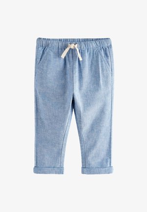 Pantalon bleu clair pour tout-petit avec taille élastique, cordon blanc, poches latérales et revers roulés.