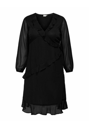 Black dress with long, sheer sleeves and a V-neck. Features ruffled detailing along the bodice and hem and a flowing silhouette.