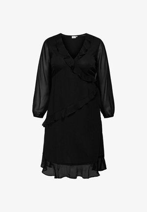 Črna obleka z dolgimi prosojnimi rokavi in obliko V. Ima ruffles podrobnosti vzdolž telesa in roba ter tekoč silhueto.