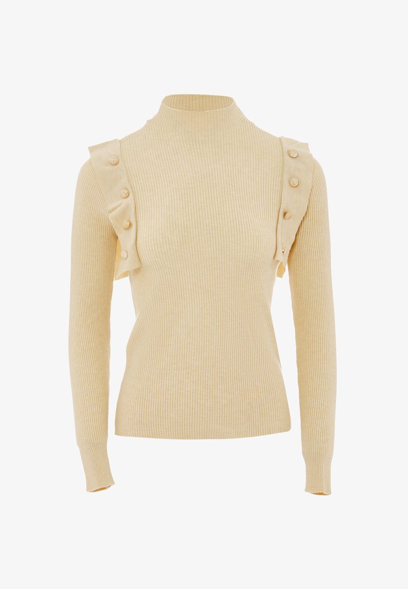 Krém színű bordázott kötött pulóver magas nyakkal, fodros oldali díszítéssel és négy dekoratív gombbal a bal vállon.