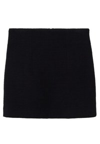 Mini-jupe noire en tissu tissé avec une coupe droite, dotée de deux plis avant et d'une fermeture éclair dissimulée à l'arrière.