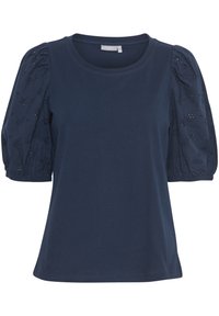 Chemise bleu marine en tissu doux, avec des manches ballon ornées de broderies florales, un col arrondi et une coupe décontractée.