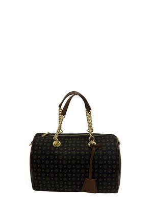 Borsa a mano strutturata marrone con motivo monogram, hardware dorato, doppie maniglie imbottite e una tracolla a catena staccabile. Chiusura con zip superiore.