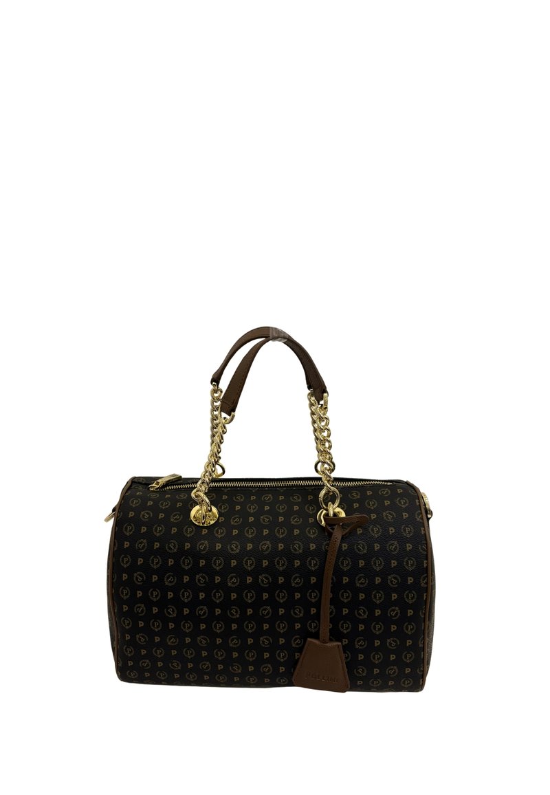 Borsa a mano strutturata marrone con motivo monogram, hardware dorato, doppie maniglie imbottite e una tracolla a catena staccabile. Chiusura con zip superiore.