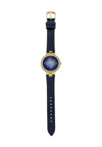 Marinblå läderremmsklocka med ett runt klockhus i guldton och blå gradient urtavla. Har guldvisare och minimalistiska timmarkörer.