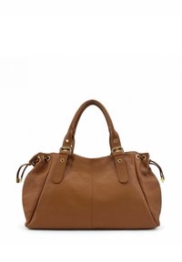 Sac à main en cuir marron avec une finition texturée, doté de deux poignées robustes, de ferrures dorées et d'accents à cordon de serrage pour l'ajustement.