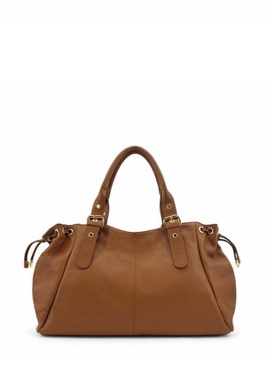 Sac à main en cuir marron avec une finition texturée, doté de deux poignées robustes, de ferrures dorées et d'accents à cordon de serrage pour l'ajustement.