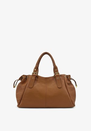 Sac à main en cuir marron avec une finition texturée, doté de deux poignées robustes, de ferrures dorées et d'accents à cordon de serrage pour l'ajustement.