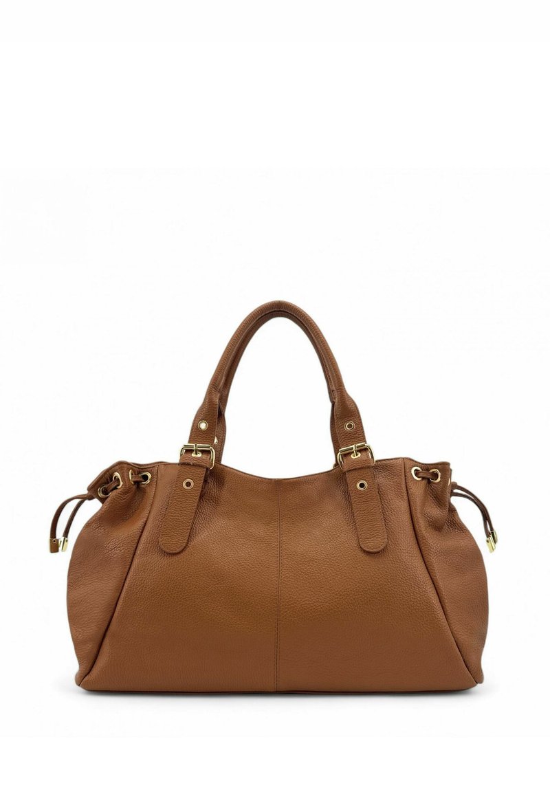 Sac à main en cuir marron avec une finition texturée, doté de deux poignées robustes, de ferrures dorées et d'accents à cordon de serrage pour l'ajustement.