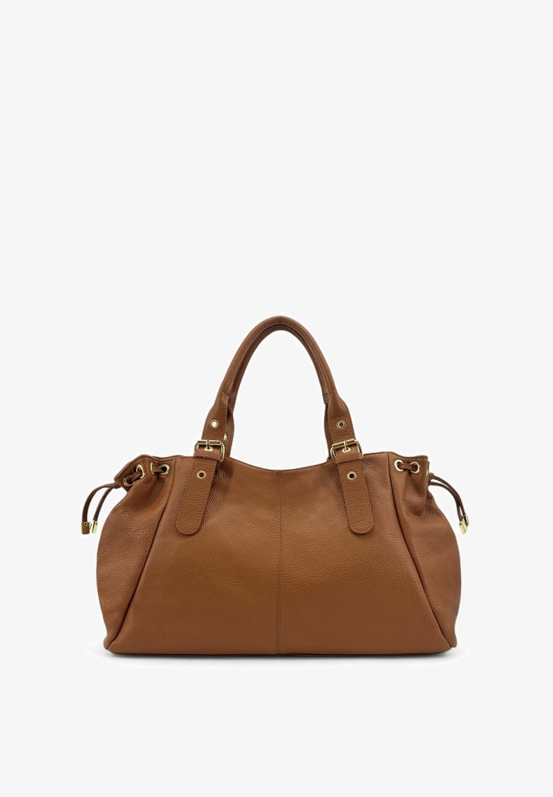 Sac à main en cuir marron avec une finition texturée, doté de deux poignées robustes, de ferrures dorées et d'accents à cordon de serrage pour l'ajustement.