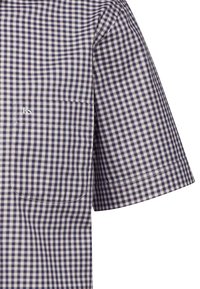 Camicia a maniche corte a quadri in blu navy e crema. Presenta una tasca sul petto e cuciture a contrasto. Materiale in cotone con texture liscia.