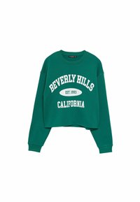 Felpa verde corta con testo bianco "BEVERLY HILLS" e "CALIFORNIA" caratterizzata da un collo a girocollo a coste e maniche lunghe.