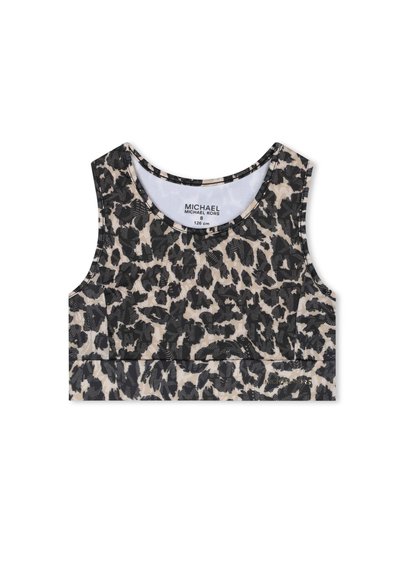 Soutien-gorge de sport à imprimé léopard en beige et noir. Conception sans manches avec un col rond et un tissu texturé. Présente un accent de logo sur la bande.