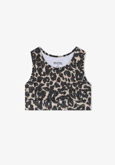 Soutien-gorge de sport à imprimé léopard en beige et noir. Conception sans manches avec un col rond et un tissu texturé. Présente un accent de logo sur la bande.