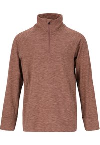 Bruine, langärmelige pullover van gestructureerde stof met een kwart rits-kraag en raglanmouwen, met subtiele patroondetails.