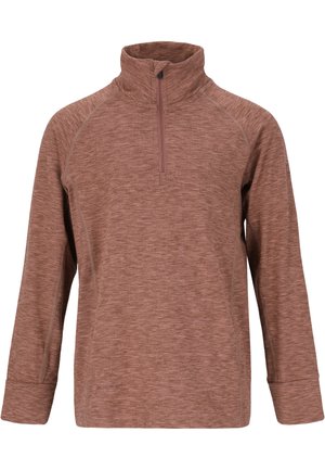 Bruine, langärmelige pullover van gestructureerde stof met een kwart rits-kraag en raglanmouwen, met subtiele patroondetails.