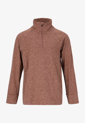 Brauner, langärmeliger Pullover aus strukturiertem Stoff mit einem Viertelzip-Kragen und Raglanärmeln, der dezente Musterdetails aufweist.