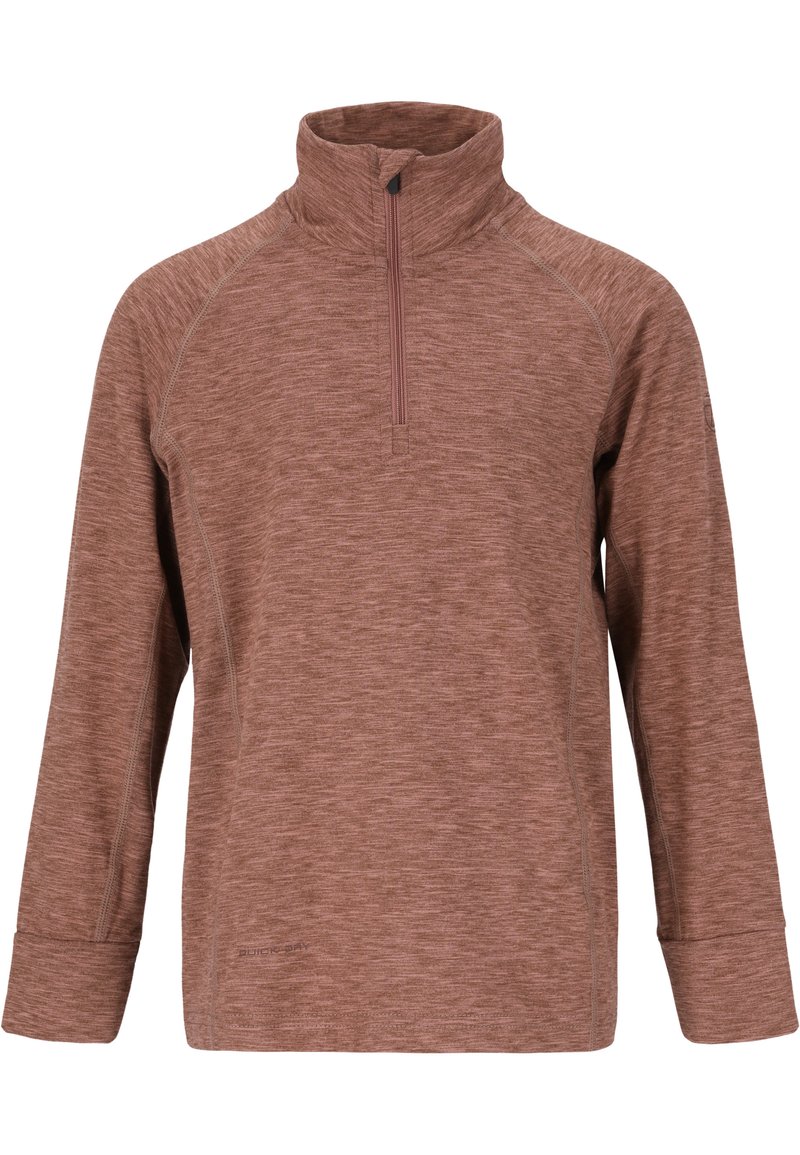 Bruine, langärmelige pullover van gestructureerde stof met een kwart rits-kraag en raglanmouwen, met subtiele patroondetails.