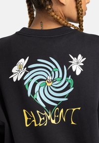 Black sweatshirt featuring a central graphic of spiraled light blue lines and two white flowers, with green accents and "ELEMENT" in yellow text.