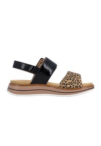 Black patent leather and leopard print open-toe sandal with cushioned sole and adjustable heel strap on white background.