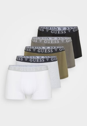 Sæt af fem par boxershorts i hvid, grå, olivengrøn, sort og mørkegrå. Hver har en kontrasterende elastisk talje, der er mærket.