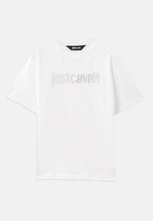 Hvid bomulds t-shirt med korte ærmer og en afslappet pasform. Har "Just Cavalli" broderet i sølv på tværs af brystet.