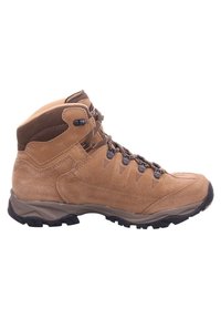 Brown leather hiking boot with a high ankle design, rubber sole, metal eyelets, and textured surface. Reinforced toe and heel details.