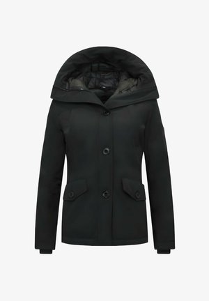 Zwarte, gewatteerde jas met capuchon, een aansluitend ontwerp, grote knopen, twee voorzakken en een doorgestikte binnenkant.