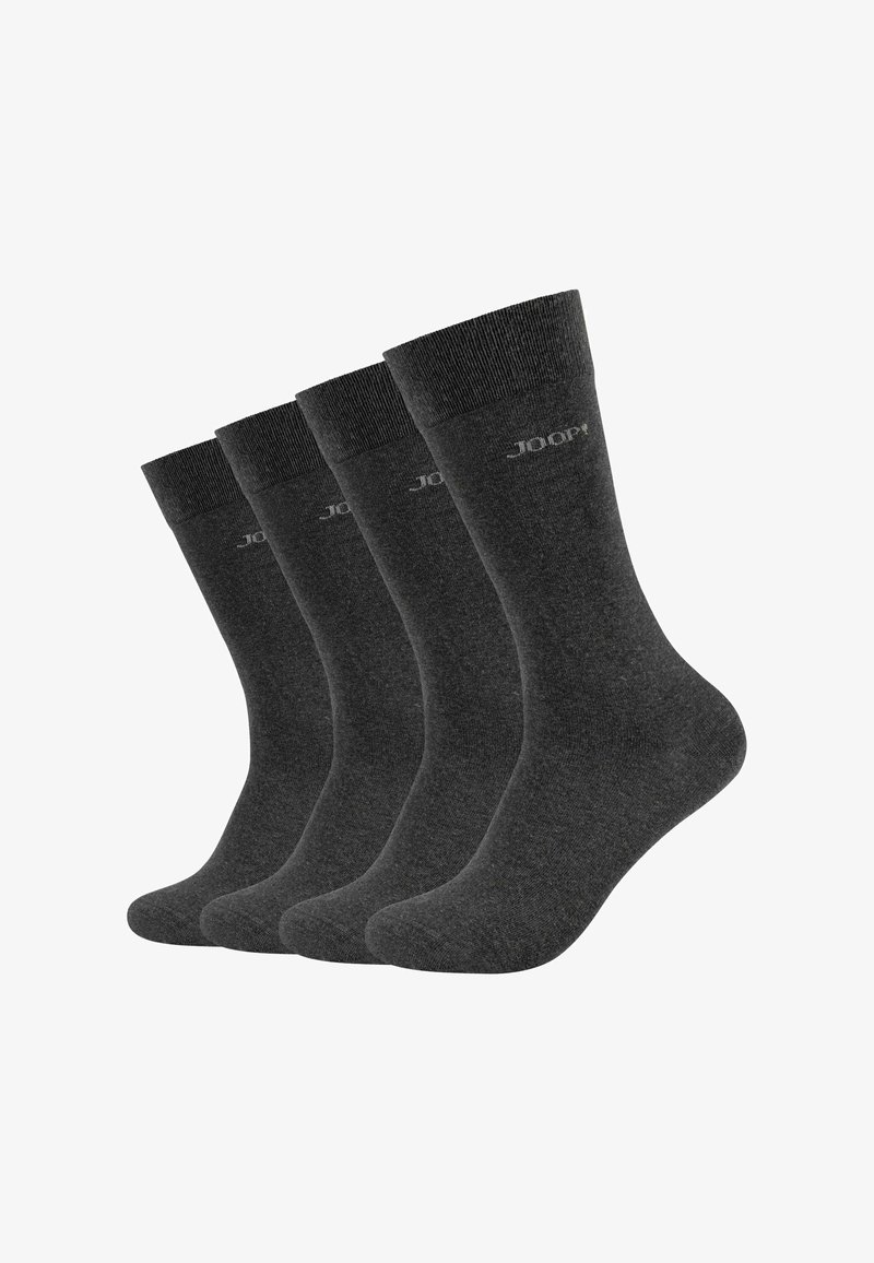 Vier Paare dunkelgrauer Socken aus einem weichen, strukturierten Material, mit einem gerippten Bund und einem kleinen "JOOP!"-Logo auf jeder Socke.