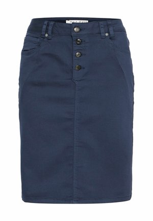 Jupe crayon en denim bleu marine avec fermeture à cinq boutons à l'avant, poches avant et arrière, et détails cousus le long des coutures.