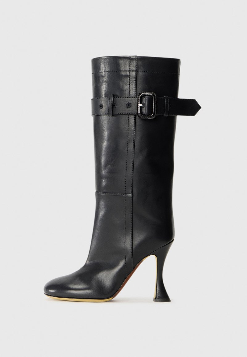 Black leather high-heeled boot with a tapered shape, featuring a side buckle detail and smooth texture. Includes a pointed toe design.