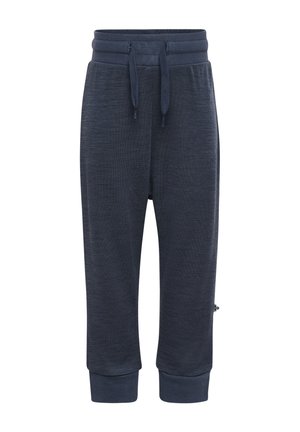 Mørkeblå børnesweatpants med justerbar snor i taljen, sidelommer og elastiske manchetter ved anklerne.