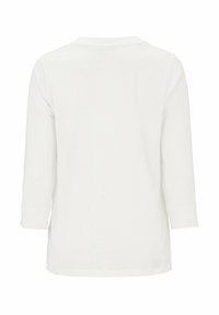 Weißes Langarm-T-Shirt aus weichem Baumwollmaterial, Rundhalsausschnitt, flacher Saum, mit leicht verlängerten Ärmeln und ohne sichtbare Muster oder Grafiken.