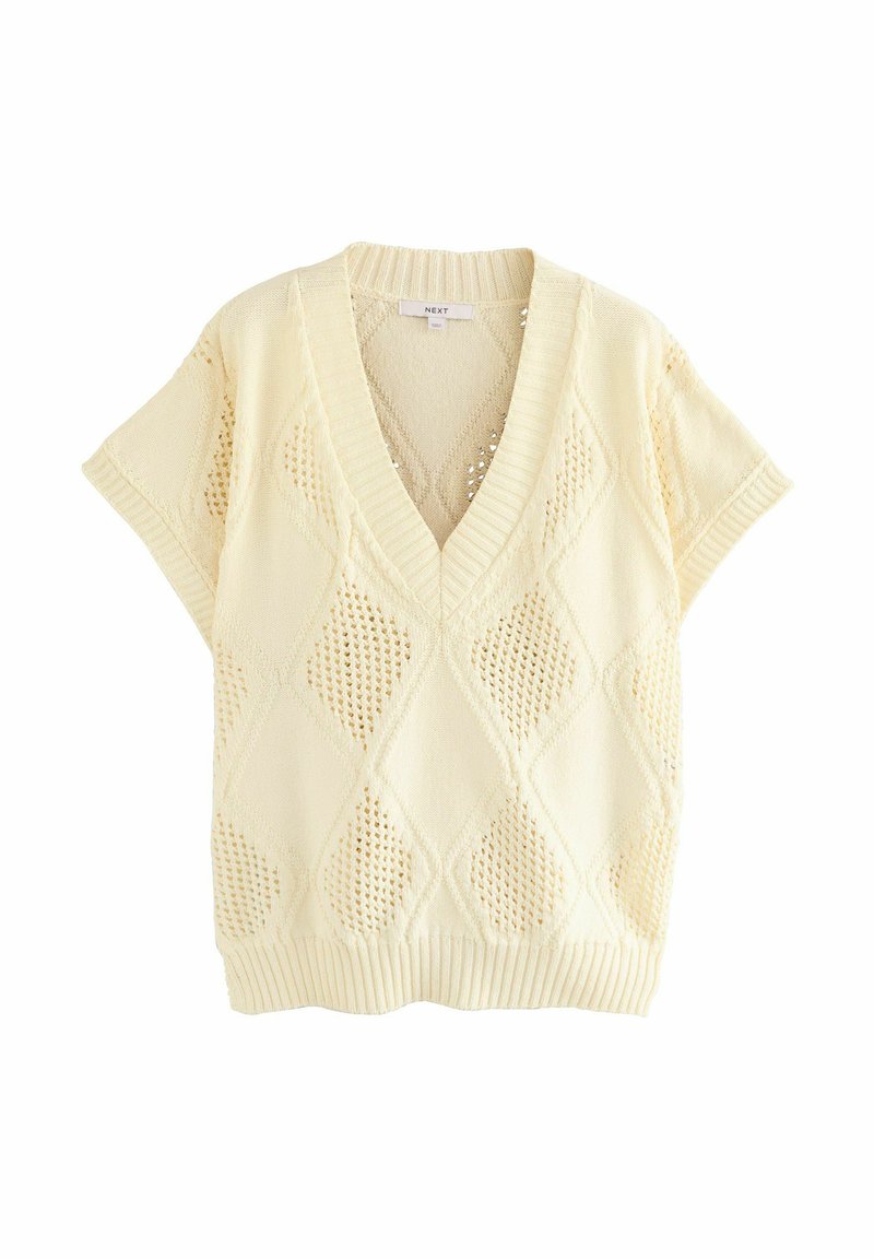 Maglione a V in maglia di colore giallo pallido, con un motivo a rombi e dettagli di pizzo, a maniche corte. Orlo a coste che definisce la forma.