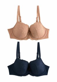 Zwei BHs ausgestellt: Ein beiger BH oben mit Spitzenverzierungen und ein navyfarbener darunter. Beide haben Unterdrähte, verstellbare Träger und nahtlose Cups.