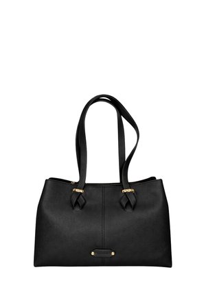 Borsa in pelle nera con due manici lunghi e dettagli in catena dorata, forma rettangolare e cuciture minime.