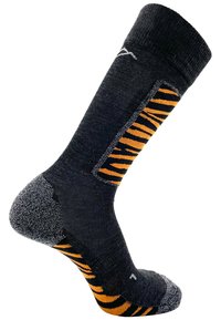 Schwarze Socke mit orangefarbenen Tigerstreifen, verstärkter Ferse und Spitze, dicke Textur, gerippter Bund und Logodetail. Geeignet für den Außenbereich oder Freizeitbekleidung.