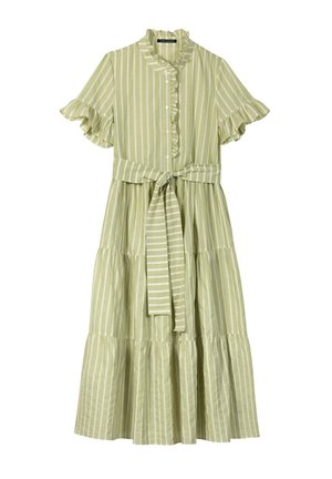 Hellgrünes Midikleid mit vertikalen weißen Streifen, gerafften kurzen Ärmeln und Kragen, Knöpfen vorne und einem gebundenen Taillengürtel.