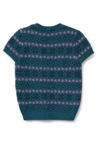 Svetr s krátkým rukávem v barvě teal s růžovými a tmavě modrými geometrickými vzory. Žebrovaný výstřih a lem, měkká textura, přiléhavý střih.