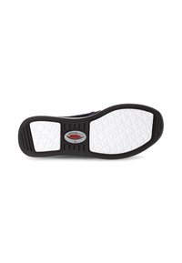 Black shoe sole with a textured white rubber surface, featuring a hexagonal pattern, black accents, and a logo in the center.