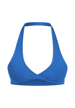 Top de bikini azul con cuello halter y un frontal en forma de V, hecho de tejido suave. Presenta un diseño envolvente y tirantes ajustables para un mejor ajuste.